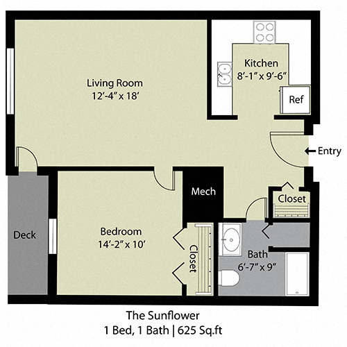 Floor plan for 1 bed, 1 bath, 625 sqft